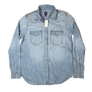 Gap Women's Shirt Denim Pearl Snap Button Western Long Sleeve Pockets Size M